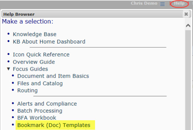 Bookmark Templates guide on the Help menu