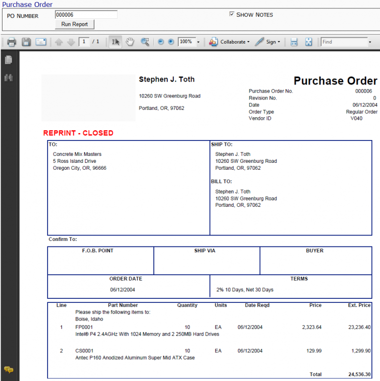 Purchase Order Report – Spitfire Client Services